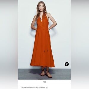 Zara Orange Linen-Blend Halter Backless Dress
